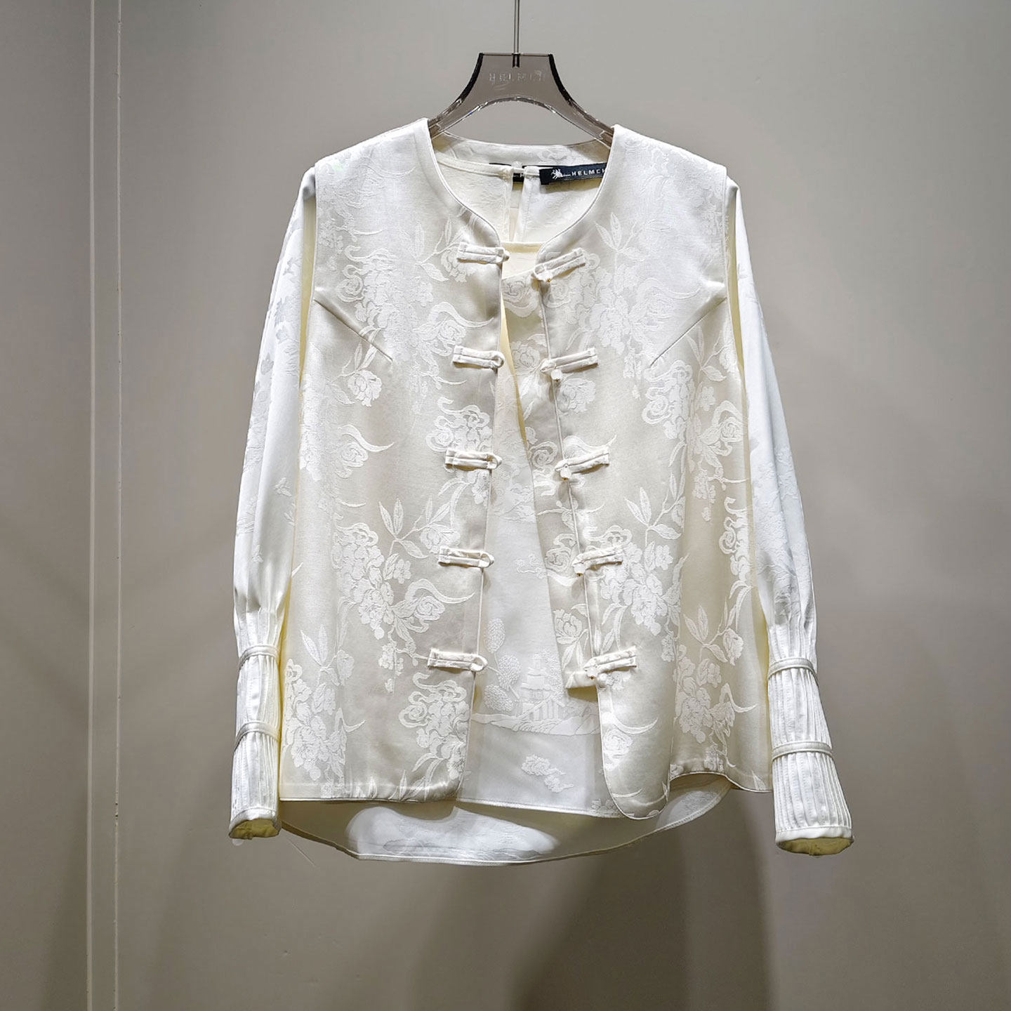 0MB.欧洲站新品HELMCH新中式百褶风琴袖提花上衣花缎面压褶衬衫女