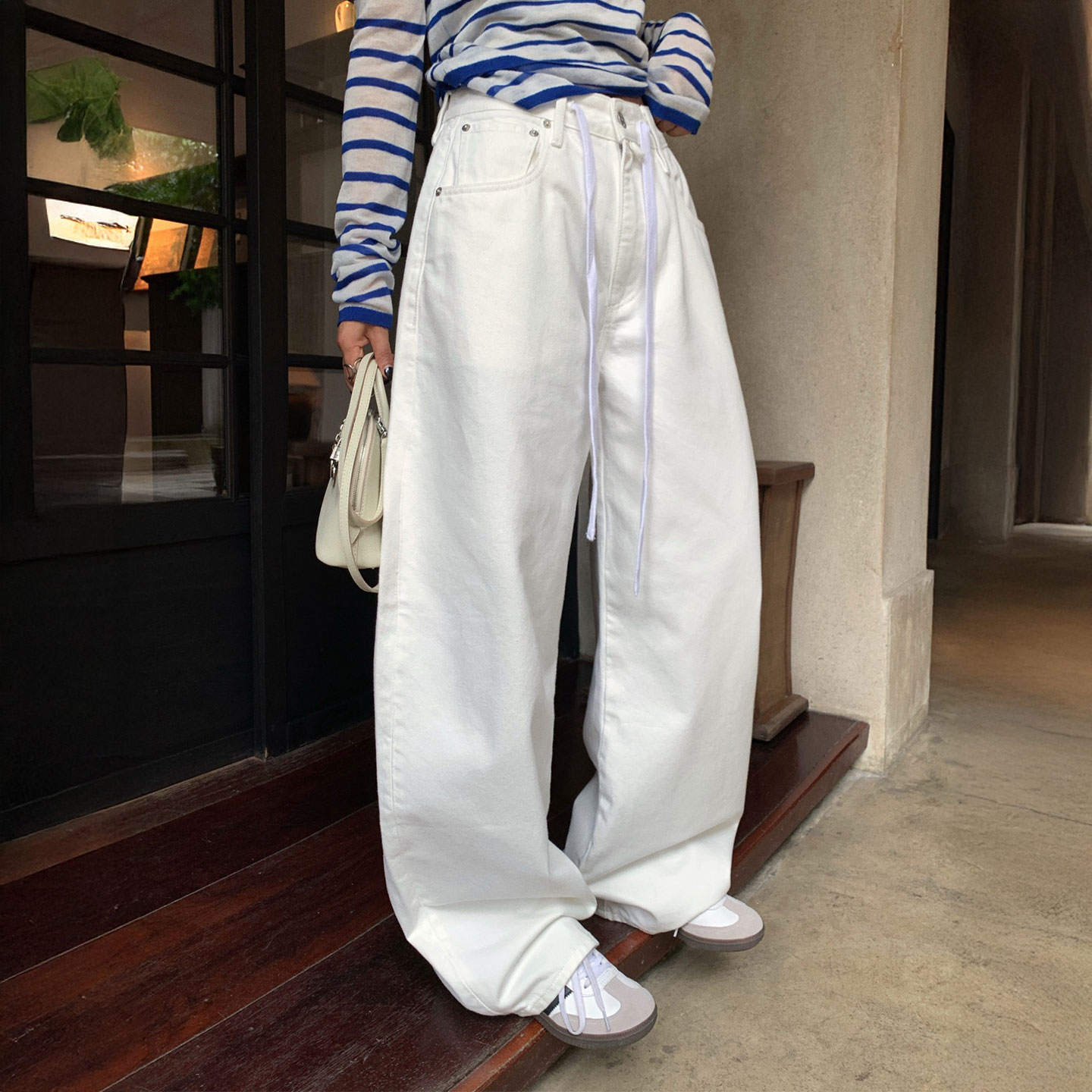 0MB.欧洲站新品MSKIN6高腰显瘦时髦长裤百搭抽绳白色牛仔弯刀裤女