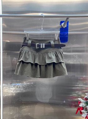 0MB.欧洲站新品BābyChìlling英伦风高腰短裙腰带荷叶边牛仔半裙