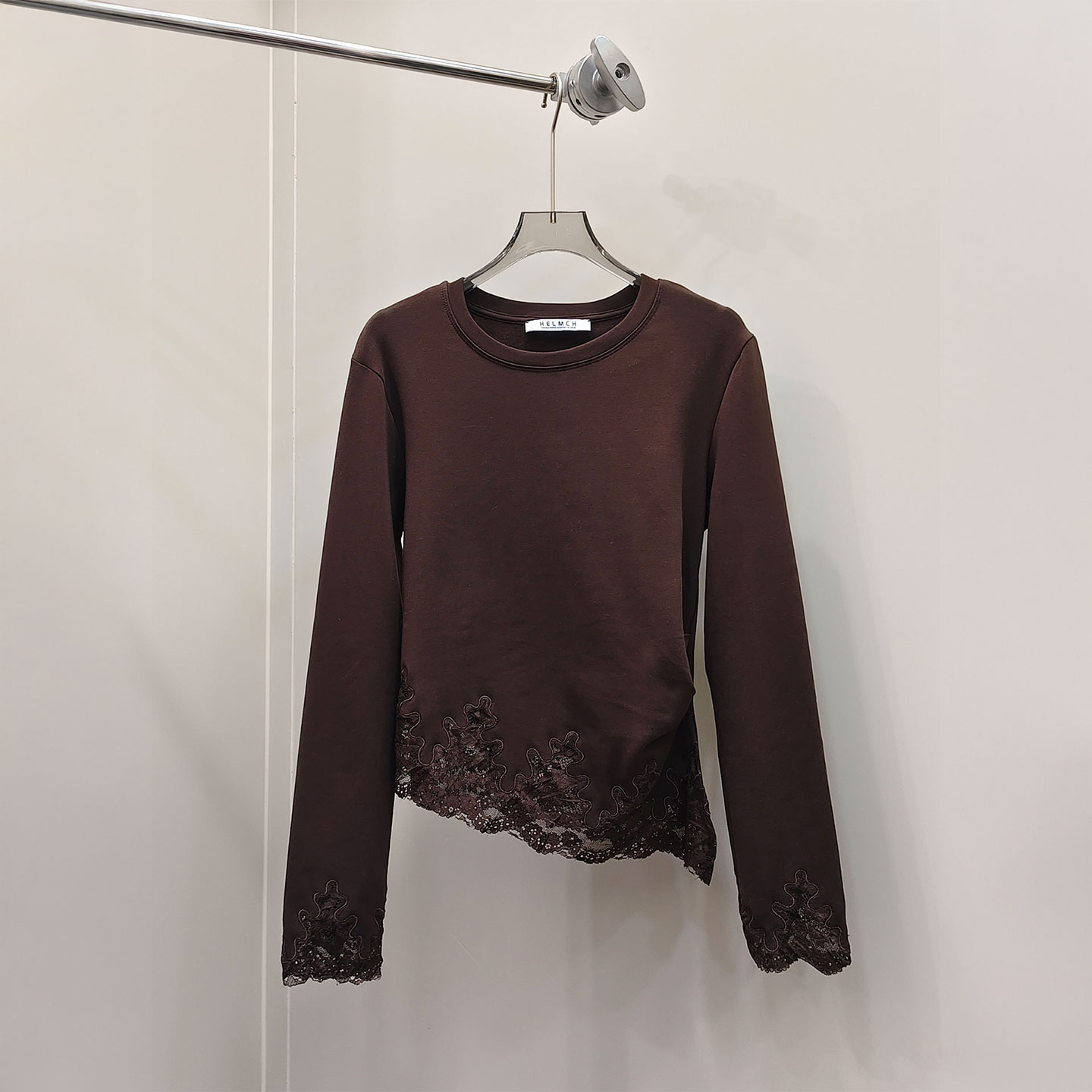 0MB.欧洲站新品南油高端圆领宽松百搭显瘦上衣蕾丝拼接长袖T恤女