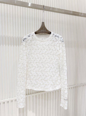 0MB.欧洲站新品蕾丝钩花上衣圆领百搭轻薄微透长袖减龄时髦打底衫