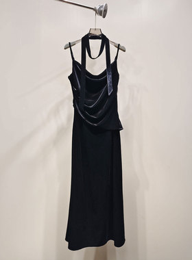 0MB.欧洲站新品HELMCH法式名媛气假两件长裙质系带吊带减龄连衣裙