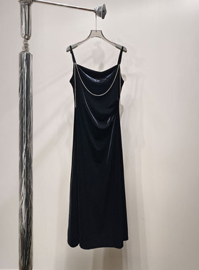 0MB.欧洲站新品HELMCH英伦风气质收腰包臀长裙高密丝绒吊带连衣裙