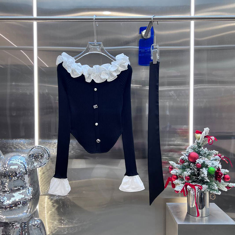 0MB.欧洲站新品BābyChìlling浪漫露肩针织衫荷叶边一字肩毛衣女