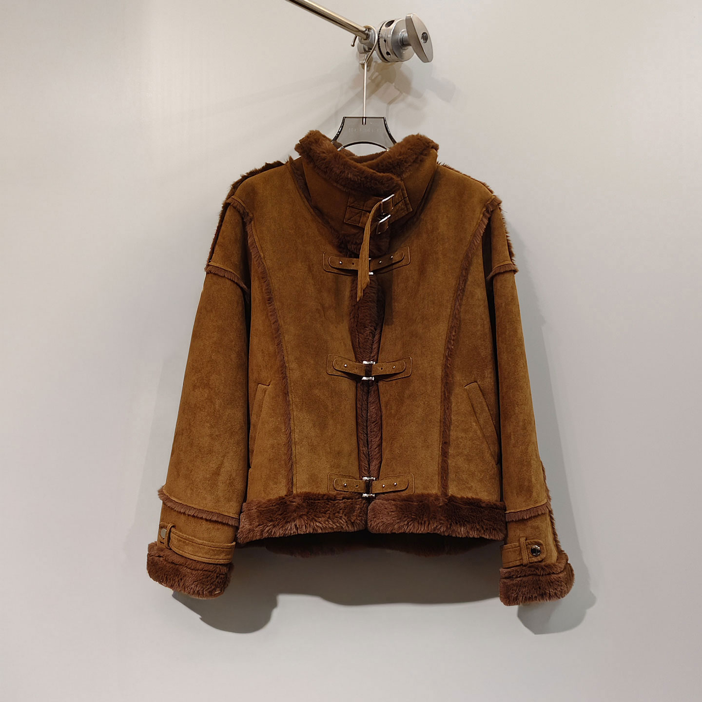 0MB.欧洲站新品HELMCH立领机车服皮毛加绒加厚大衣羊羔毛绒外套女