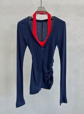 0MB.欧洲站新品英伦风挂脖叠穿小心机T恤假两件修身时尚减龄上衣