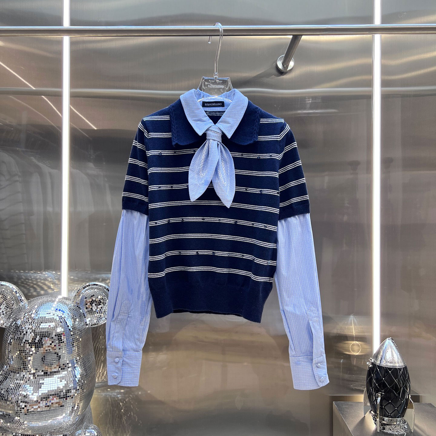 0MB.欧洲站新品学院千金风条纹假两件拼接针织衫蝴蝶结系带上衣女