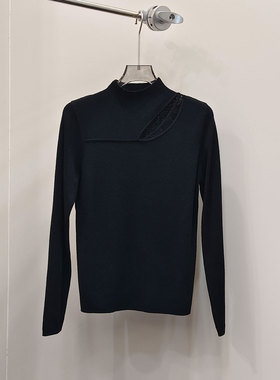 0MB.欧洲站新品HELMCH辣妹半高领镂空打底衫弹力修锁骨针织上衣女