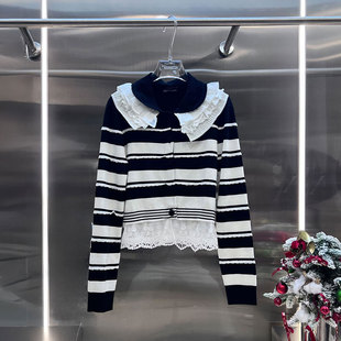 0MB.欧洲站新品深圳南油蕾丝花边娃娃领上衣黑白撞色条纹开衫毛衣