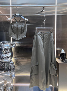 0MB.欧洲站新品美式复古卡其挂脖抹胸上衣高腰大口袋工装裤套装女