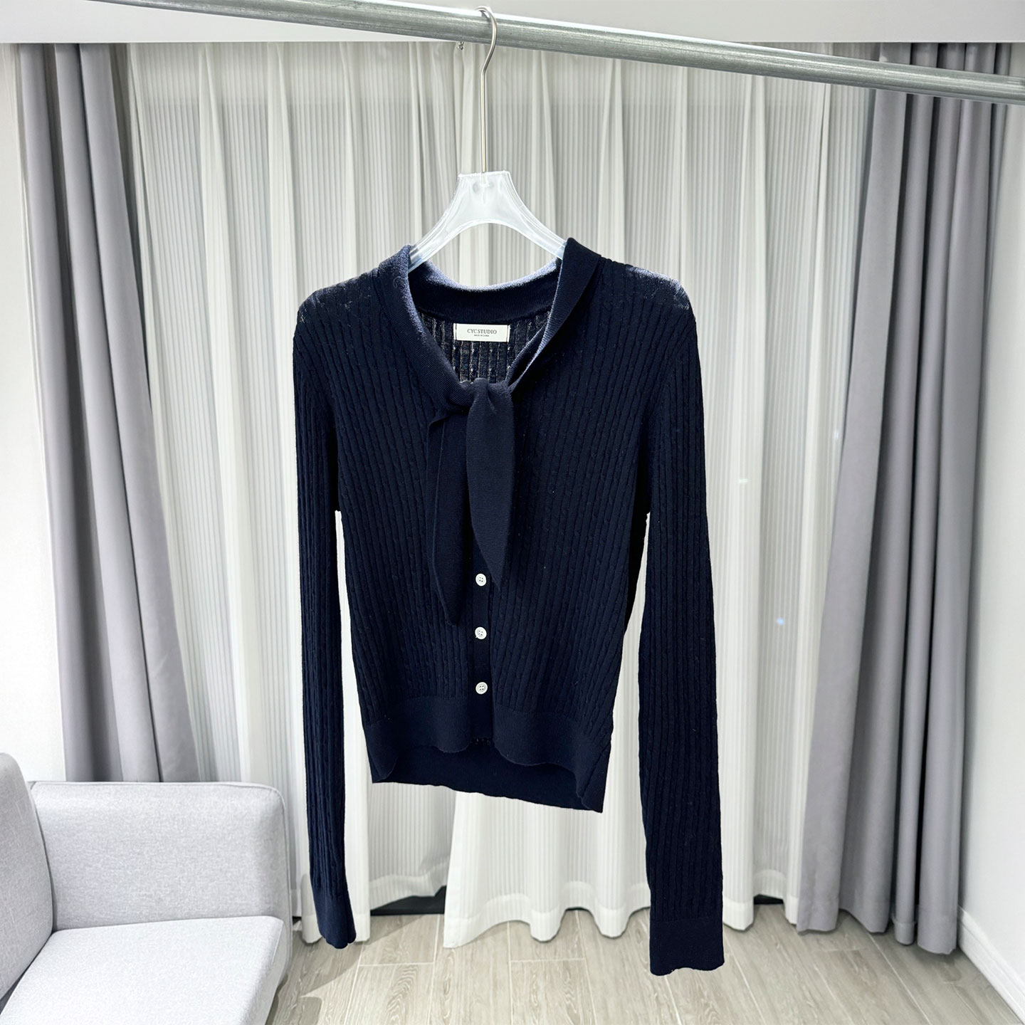 0MB.欧洲站新品减龄V领蝴蝶结系带上衣修身显瘦气质长袖针织开衫