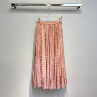 0MB.欧洲站新品经典格纹轻盈雪纺纱长裙拼色格子褶皱压褶半身裙潮