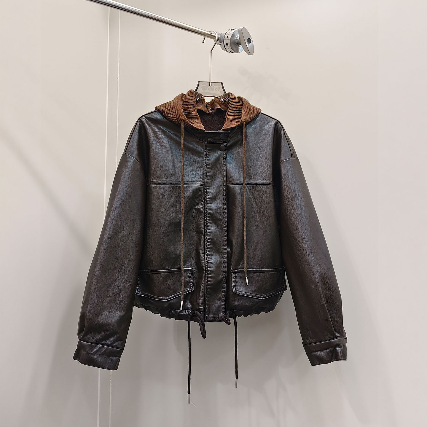 0MB.欧洲站新品HELMCH英伦风连帽加绒皮衣毛毛内里蛋白皮夹克外套