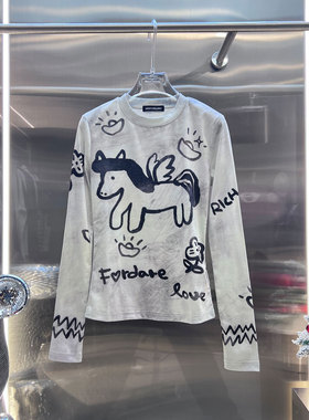 0MB.欧洲站新品圆领涂鸦小马金元宝百搭上衣印花打底衫T恤打底衫