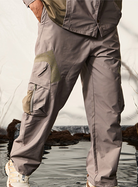 Halcyon 户外工装裤男大口袋螺纹拼接梭织宽松休闲直筒长裤春秋