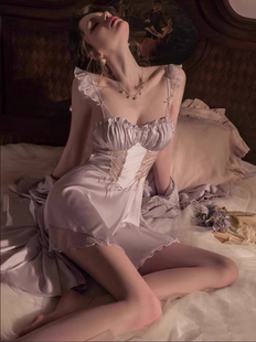 性感純欲睡衣女夏季 春秋款 帶胸墊冰絲高級(jí)感吊帶睡裙套裝 2023新款