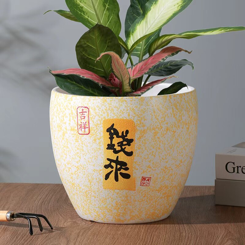 中国风陶瓷花盆圆口种植盆客厅桌面装饰钱来诸事顺日富一日寓意好图片