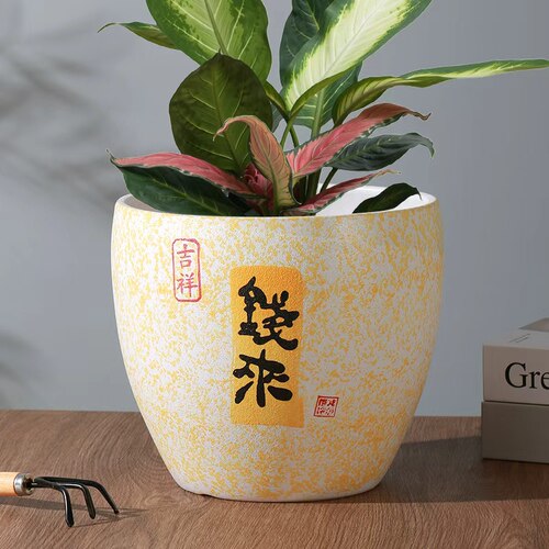 中国风陶瓷花盆圆口种植盆客厅桌面装饰钱来诸事顺日富一日寓意好