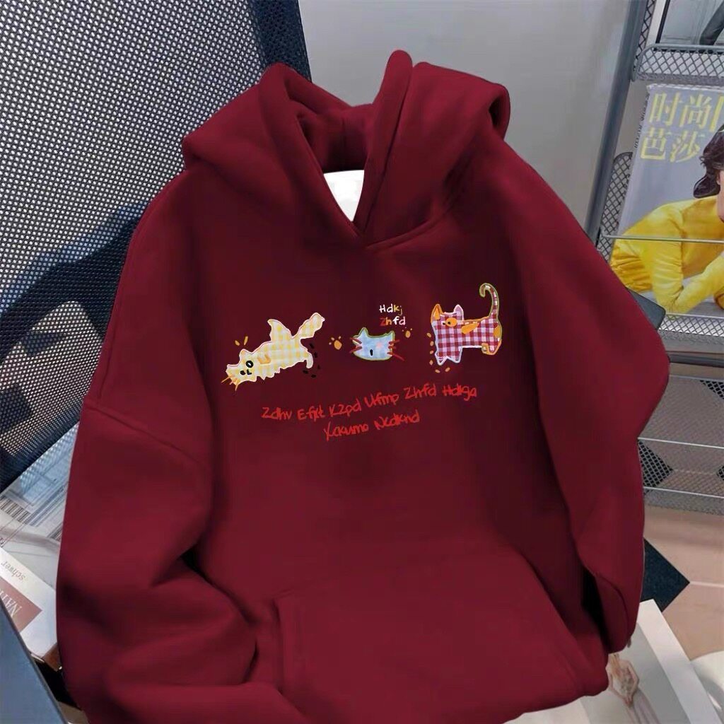 女童连帽卫衣春装2026新款卡通格子小猫洋气中大童加绒加厚外套潮