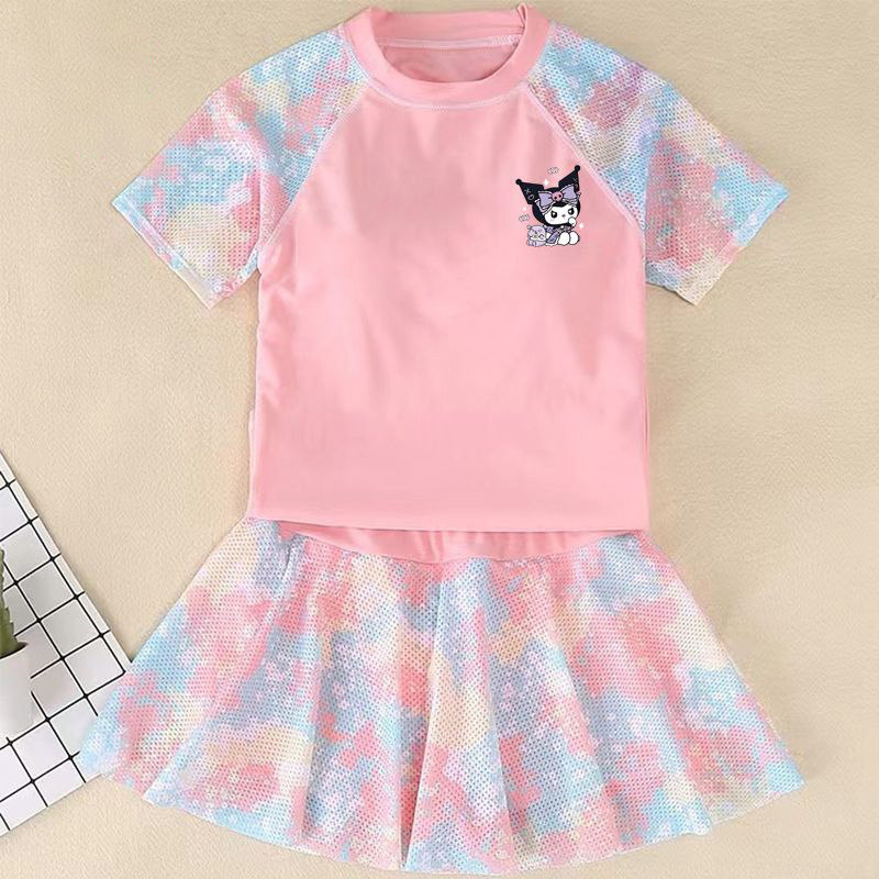 可爱女童泳裙运动短袖装中大童泳衣女孩游泳分体库洛米两件套套装