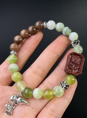 青提奶盖袖玉搭配金丝檀紫檀木玫瑰花牌手链