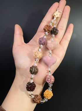 血柏木多宝三面玫瑰花手机链血柏木屁桃款手机挂绳DIY彩色
