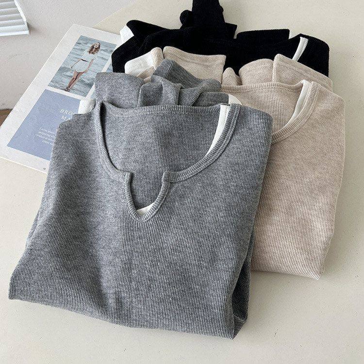 美拉德撞色小V领假两件针织衫女秋季宽松显瘦灰色长袖T恤打底上衣