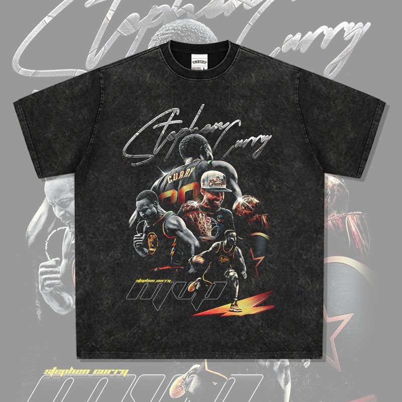 库里curry美式街头百搭人物印花短袖男女重磅纯棉圆领连帽卫衣