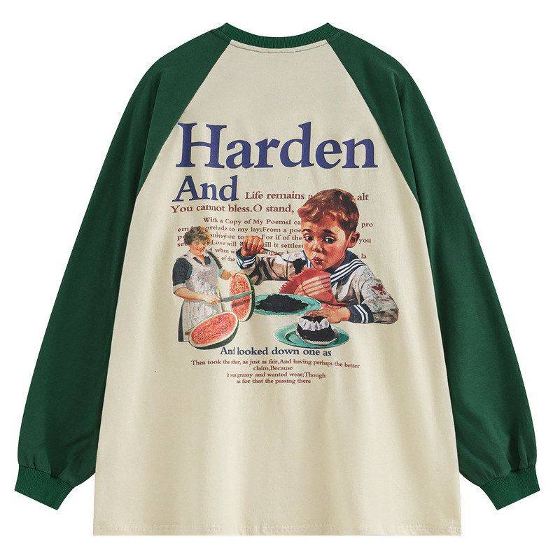 YPRS男装欧美复古INS潮牌人物印花拼色设计感宽松长袖T恤男插肩袖