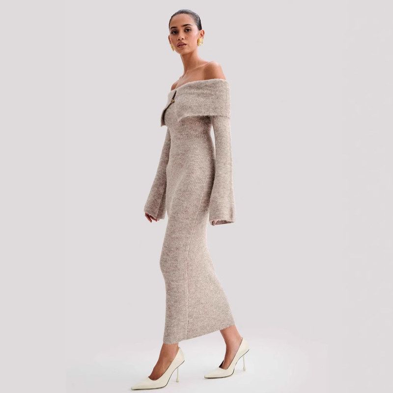 欧美新款跨境女装优雅风时尚翻领露肩连衣裙礼服针织长连衣裙