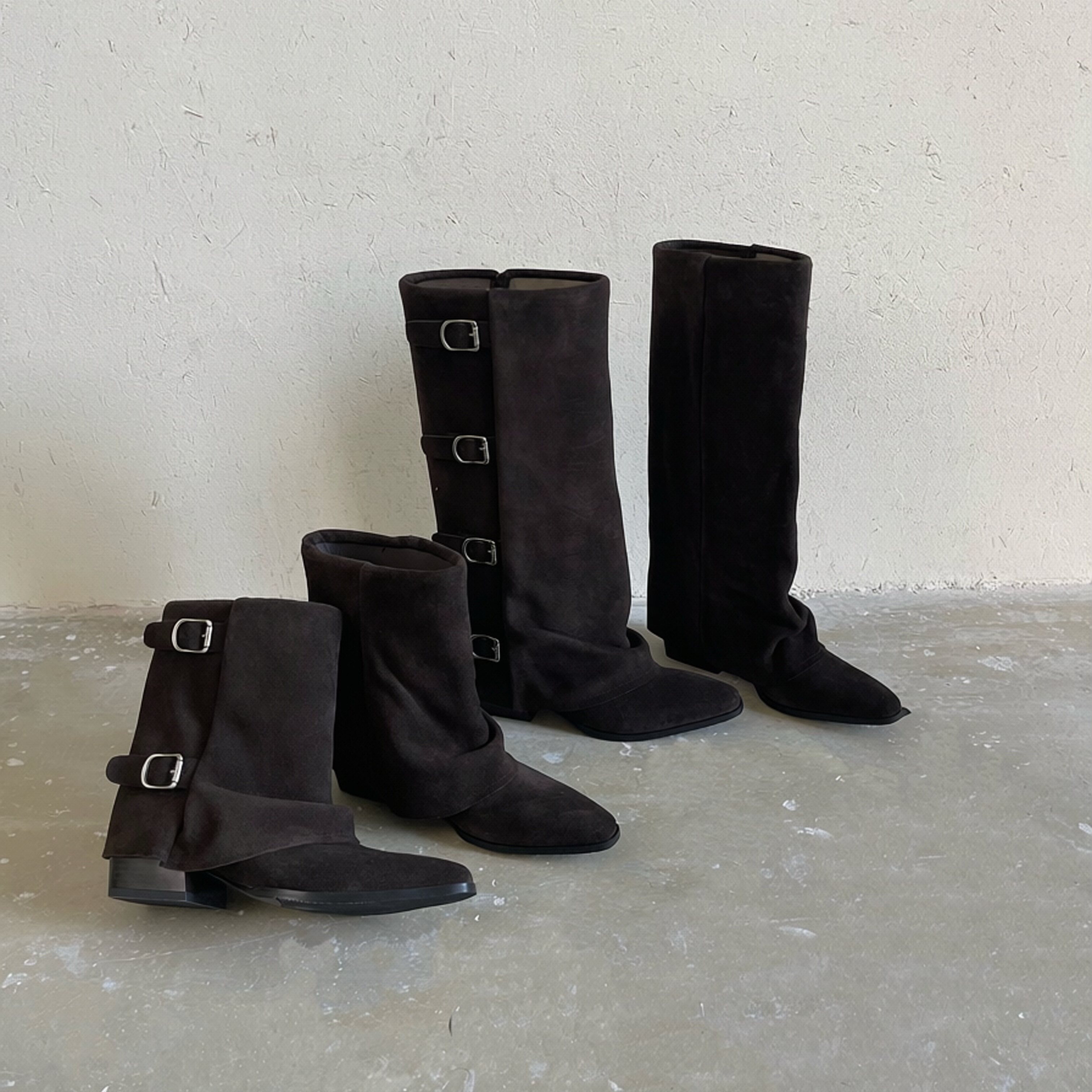 34-40码/跟高4cm/黑棕/尖头粗跟复古皮带扣裤管靴堆堆骑士靴
