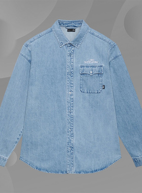 Lining/李宁正品滑板系列男子潮流宽松休闲水洗牛仔衬衫ASHT023