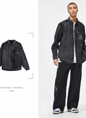 Lining/李宁正品滑板系列男子时尚潮流宽松水洗牛仔衬衫ASHT005