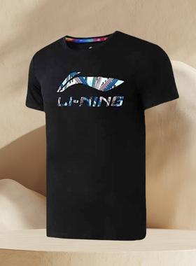 李宁男夏季运动时尚大LOGO印花休闲圆领纯棉短袖T恤AHSN991