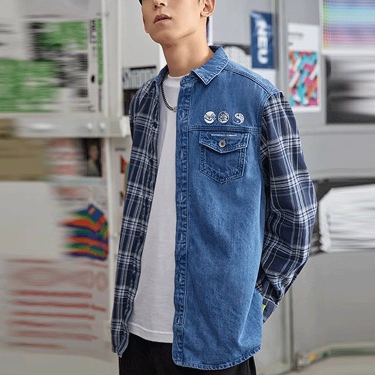 李宁正品外套新款男子时尚潮流牛仔翻领拼色宽松休闲衬衫ASHR087