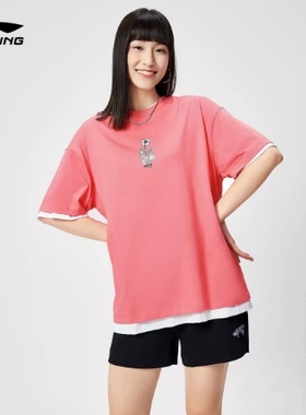 李宁女子夏季新款T恤休闲宽松透气纯棉圆领运动服短袖AHSR460