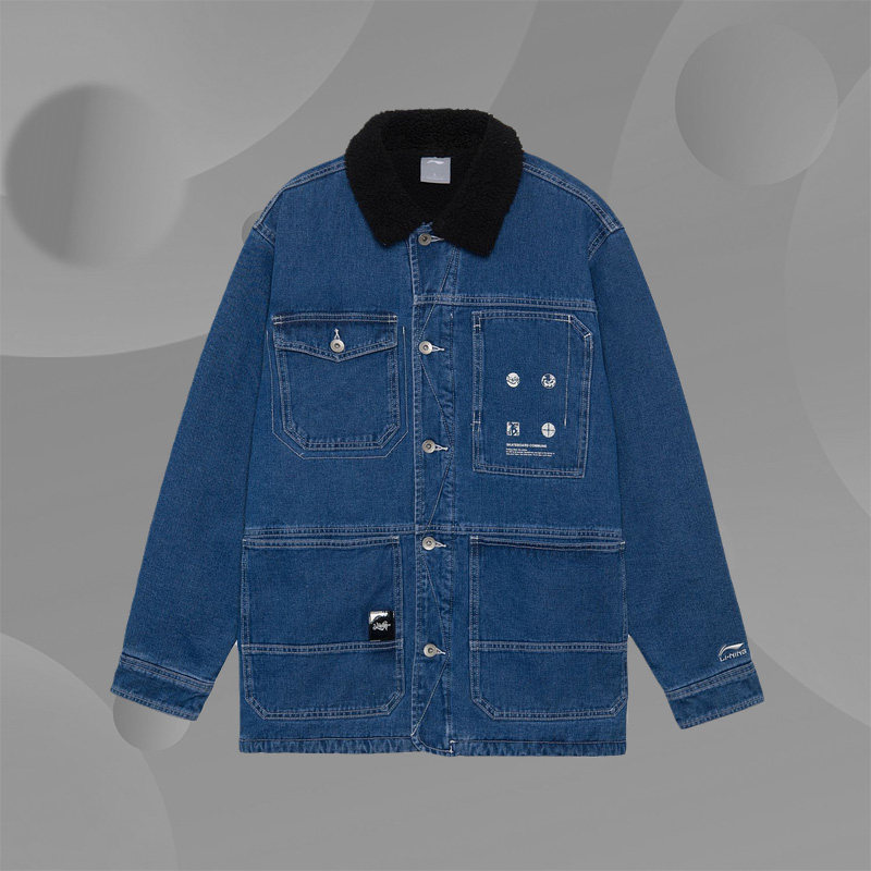 李宁正品冬季新款男子滑板夹克棉服保暖翻领牛仔夹克外套 AJDR415