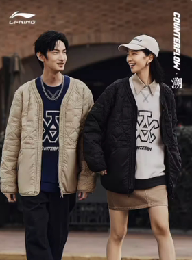 李宁正品新款CF溯男女运动休闲时尚无领保暖棉服外套AJMS129-2-4