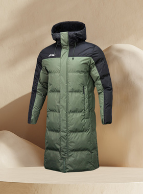 李宁棉服冬男长款过膝加厚保暖防风外套连帽防泼水棉衣AFMR461