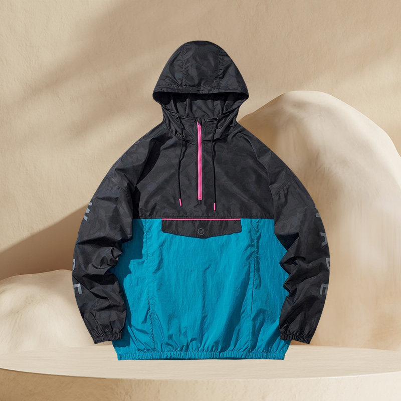 李宁夏季风衣男子新品休闲潮流连帽薄款半拉链防晒衣AFDQ185