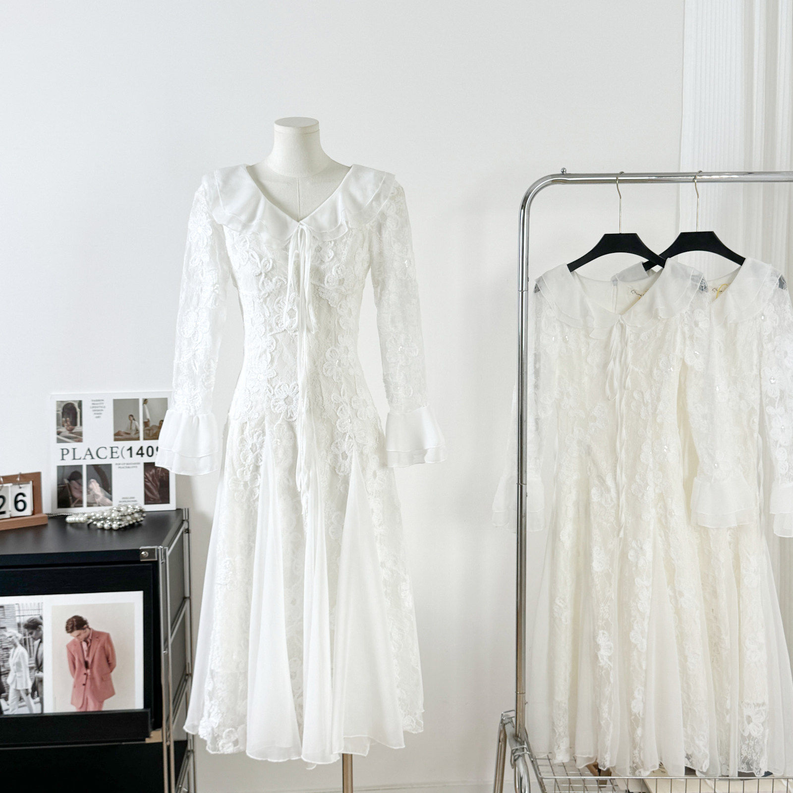 韩系气质蕾丝荷叶边长袖连衣裙女秋冬季高级感温柔风法式鱼尾裙子