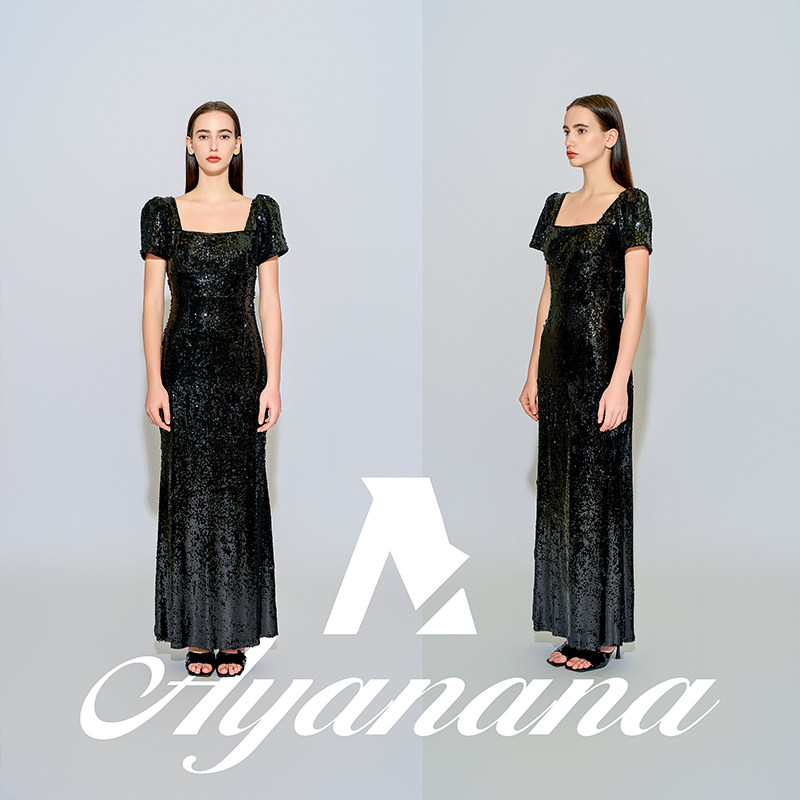 Ayanana春夏款公主袖亮片连衣裙高定轻奢法式方领吊带礼裙