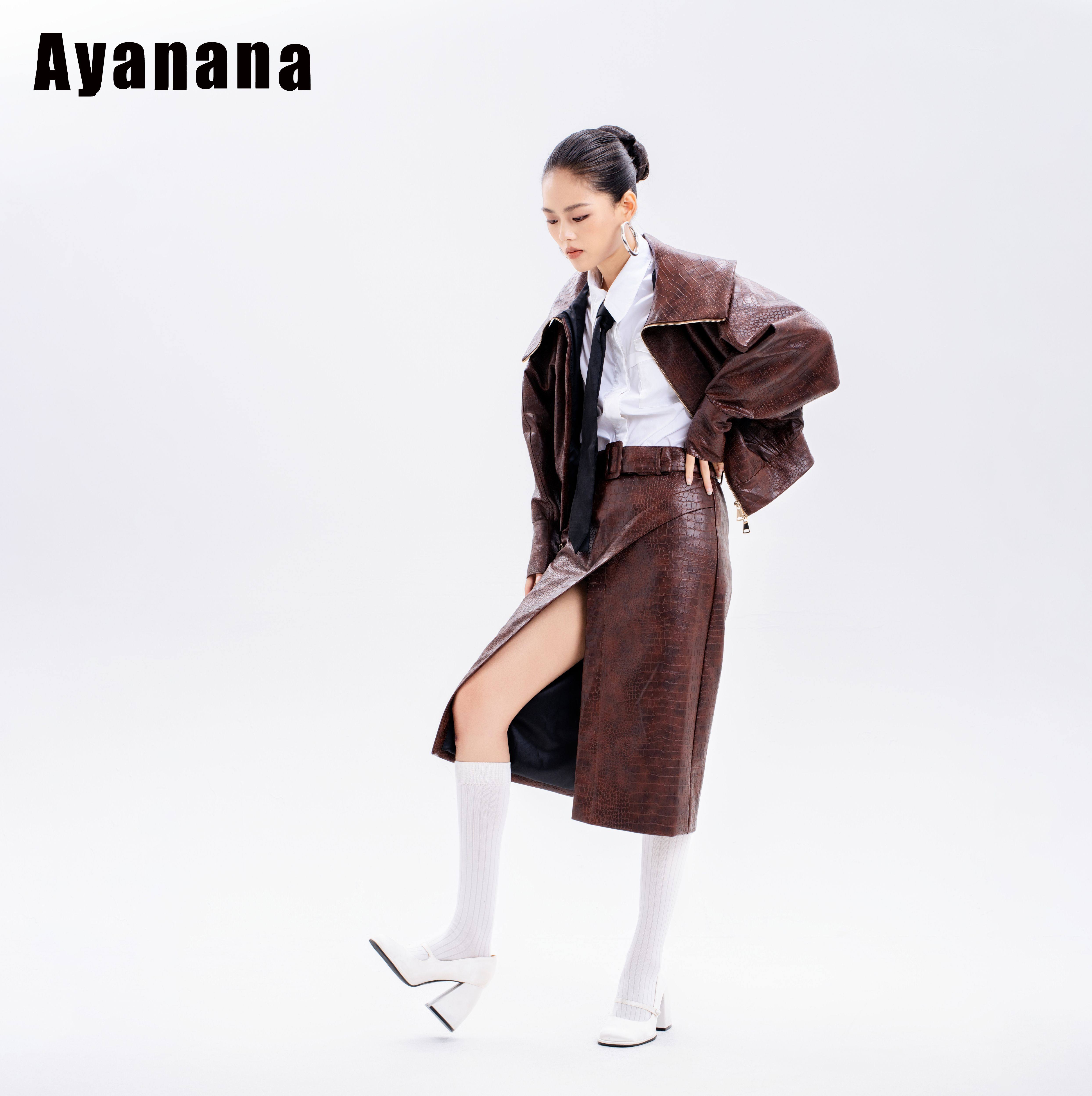 Ayanana2025款秋冬款鳄鱼皮pu皮衣皮裙套装时尚休闲美拉德高端
