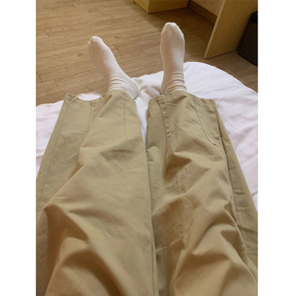 100%纯棉日系卡其色工装裤子男女夏季宽松显瘦百搭休闲阔腿长裤潮