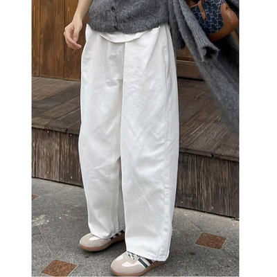 白色高腰日系中性纯棉宽松阔腿裤