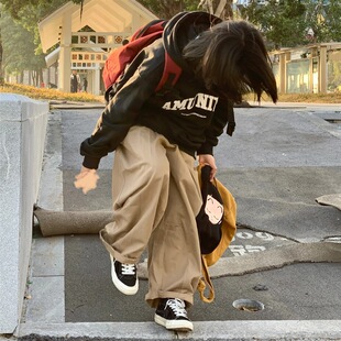 裤 春秋阔腿裤 网红爆款 女休闲裤 2023新款 100%纯棉日系慵懒坠感工装