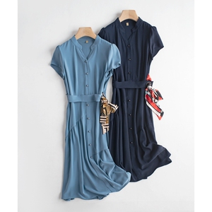 乔妮塔品牌女装2026夏季新款立领短袖纯色系带通勤法式显瘦连衣裙