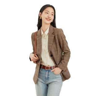 乔妮塔品牌西装2025春秋季复古长袖羊毛格子休闲修身小西服外套女