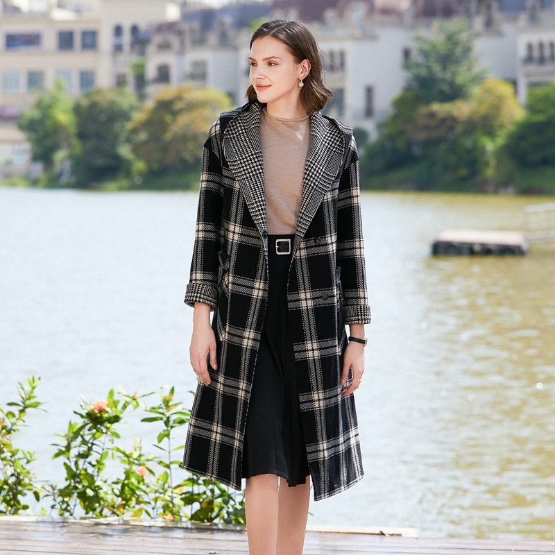 2025秋冬格子连帽羊毛双面呢大衣