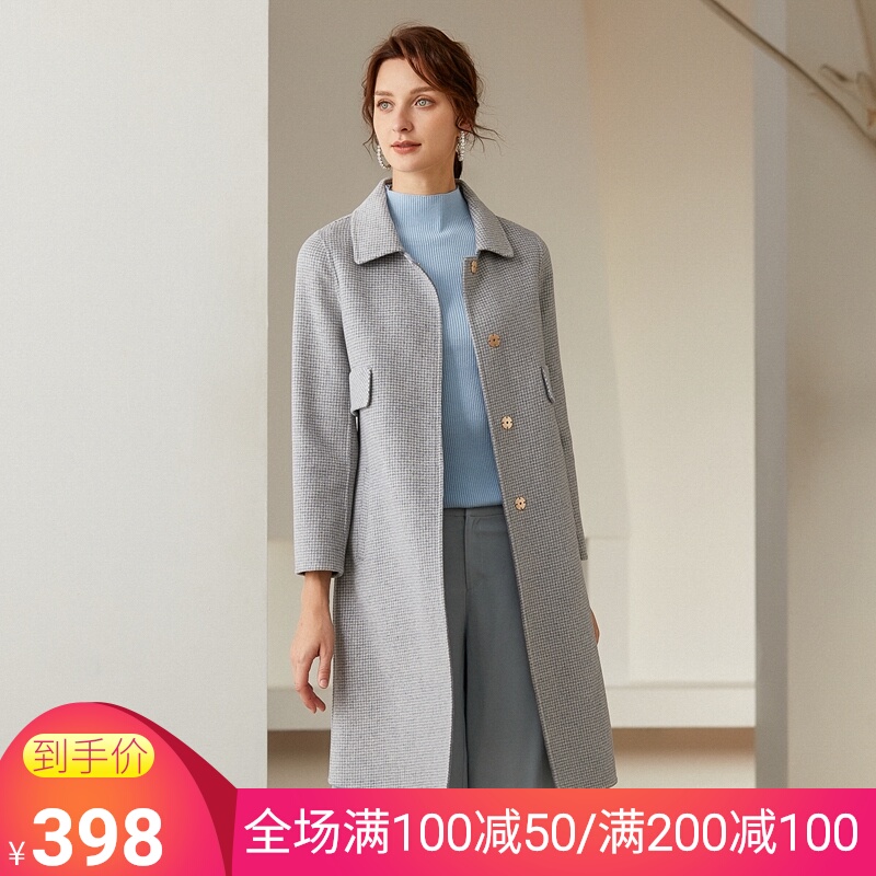 乔妮塔品牌女装2020秋冬新款羊毛呢子千鸟格子双面呢羊绒大衣外套